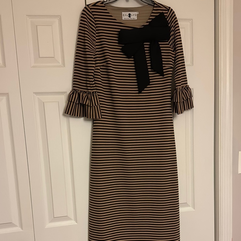 Dainty Jewell’s Striped Black and Tan Dress with Bow